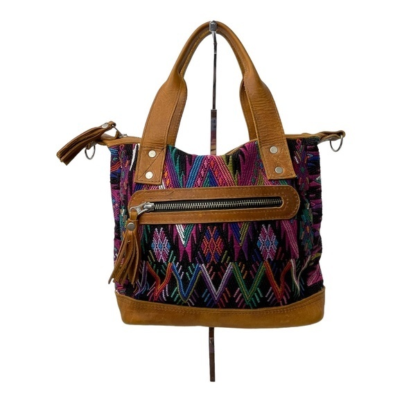 Maria's Artisan Shop Small Cotton Leather Handbag Guatemalan Multicolor Boho - Picture 1 of 8